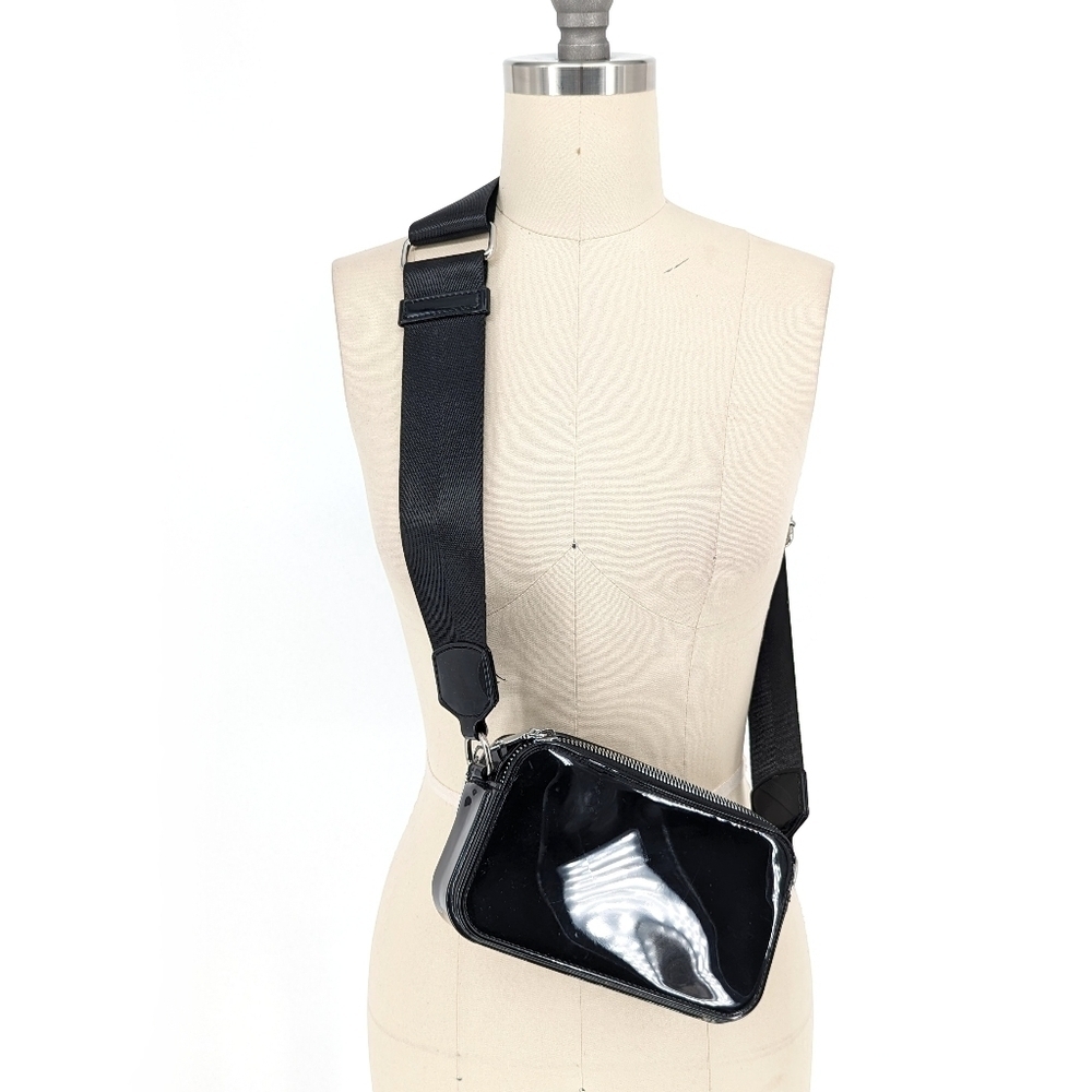 Patent Plastic Double Zip Belt Bag Grosgrain Straps Black travel gorpcore street